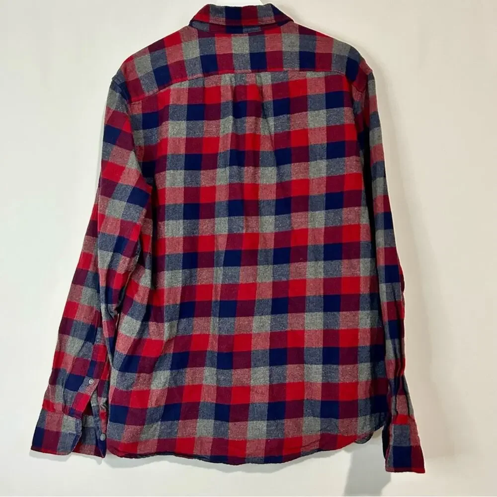 J. Crew Men’s Long Sleeve Plaid Flannel Button Down Shirt Red Blue Large FLAW